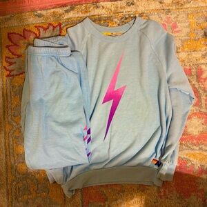 Aviator Nation Light Blue Sweatshirt and Sweatpants Set with Pink Lightning Bolt
